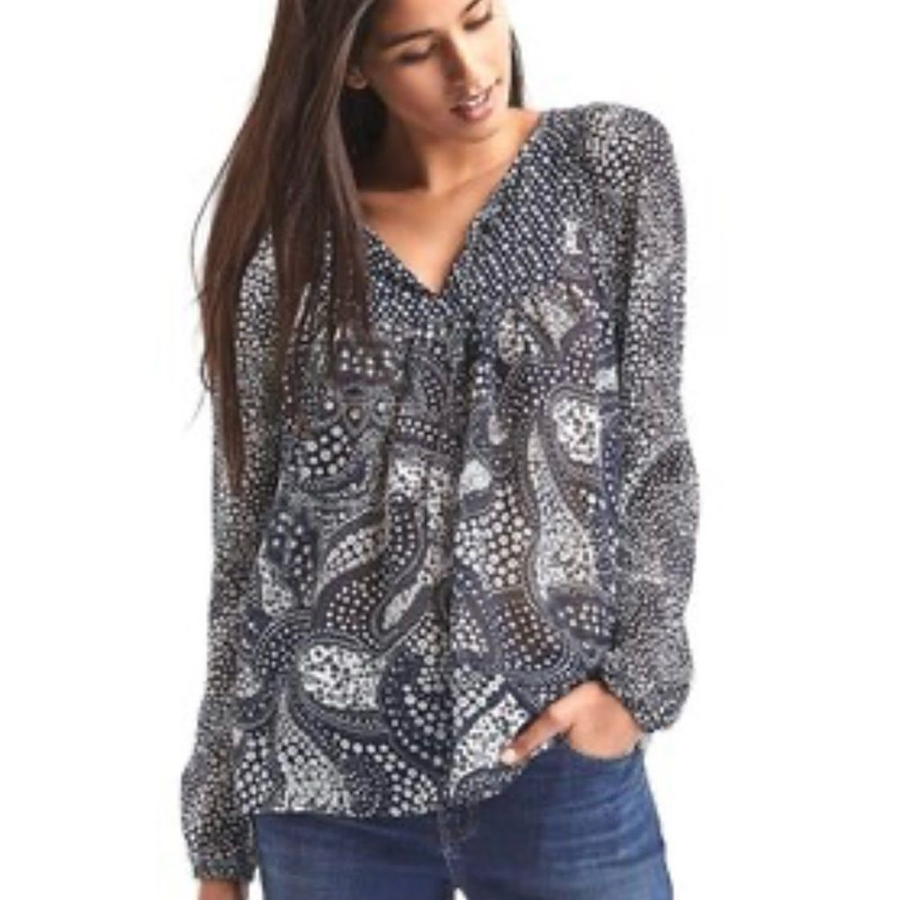 Gap Navy & White Floral Patterned Split V Neck Long Sleeve Blouse